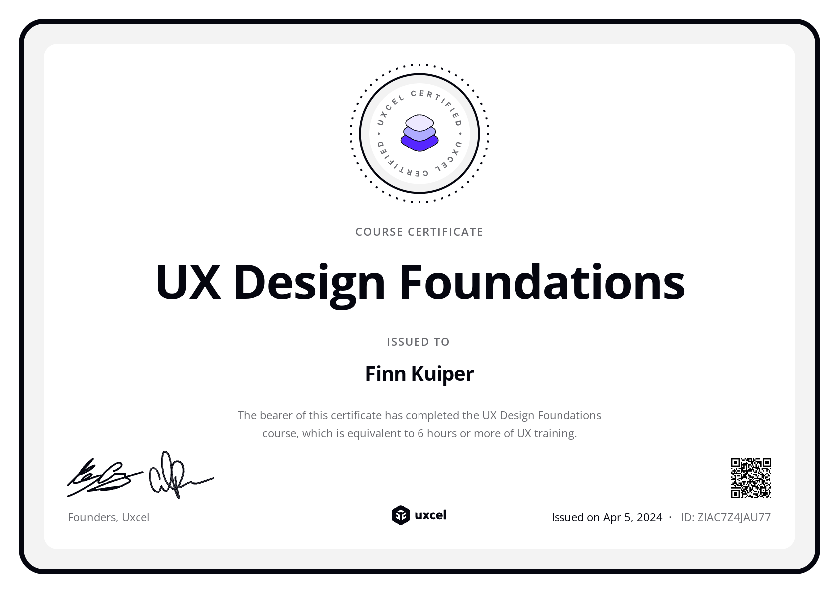 Finn Kuiper's certificate